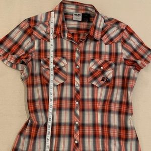 Orange/black button up plaid biker garage shirt